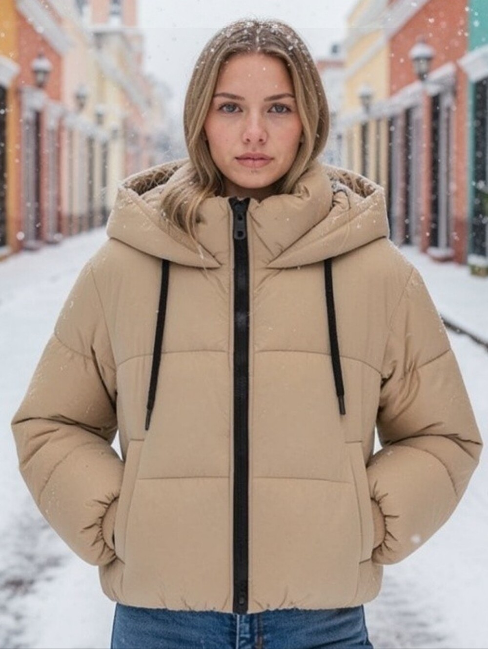Zara Beige Hooded Puffer Jacket